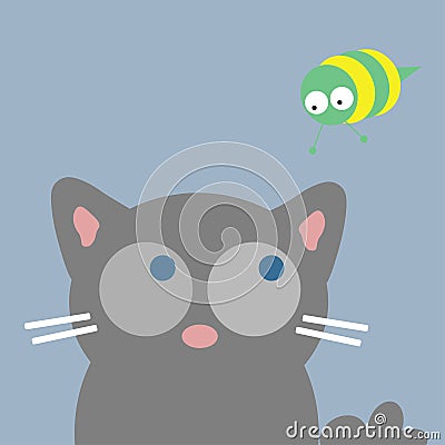 Cute cartoon Cat head looking at honey bee insect. Surprised emotion. Cute cartoon character. Pet baby collection Card. Vector Illustration